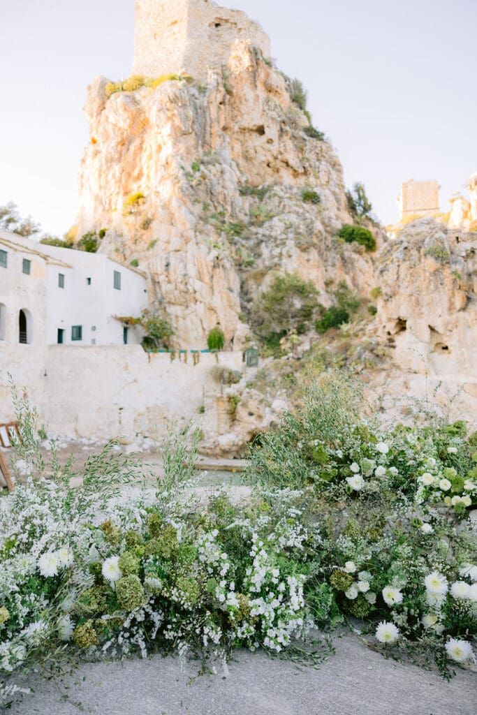 Wedding floral arrangements at Tonnara di Scopello